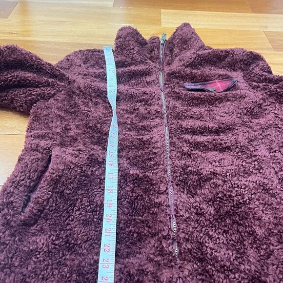 Pendleton Zip Up Burgundy Boucle teddy Fleece Jacket With Plaid Pocket Size L - Picture 9 of 10